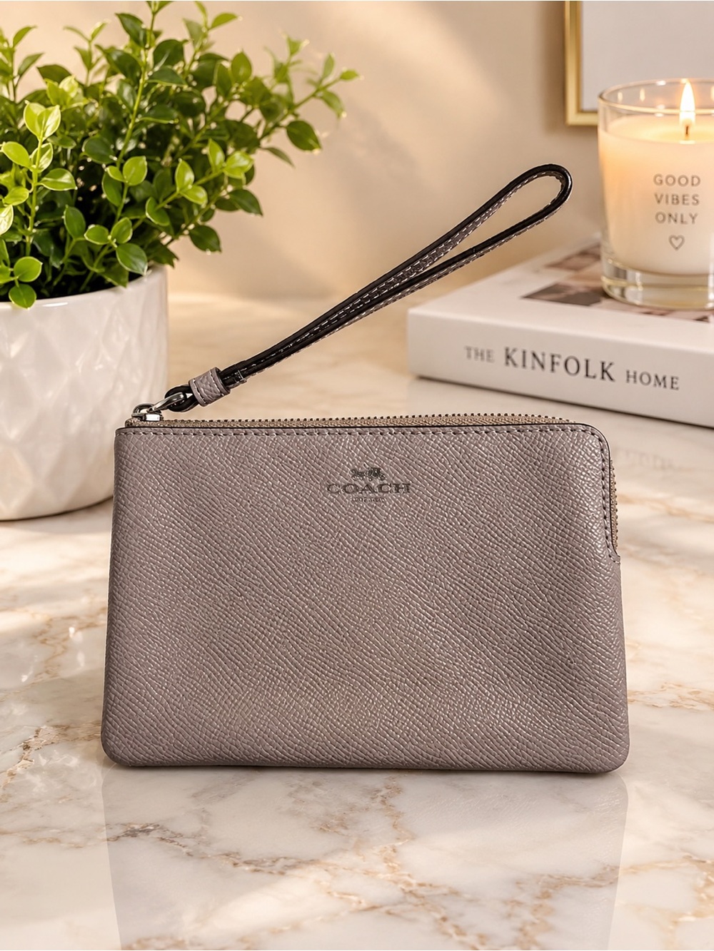 Coach Pebbled Leather Wristlet in Taupe Gray